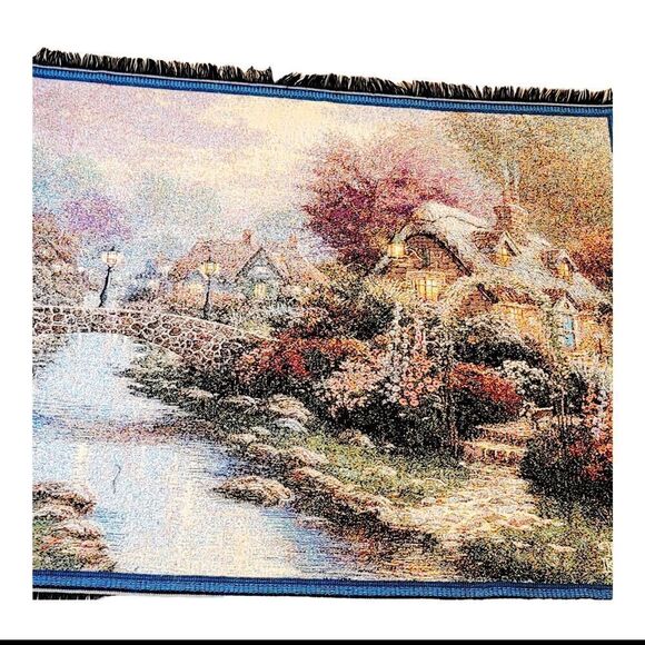 Thomas Kinkade Tapestry Throw Blanket Lamplight Bridge Painter of Light USA Made - Picture 2 of 8